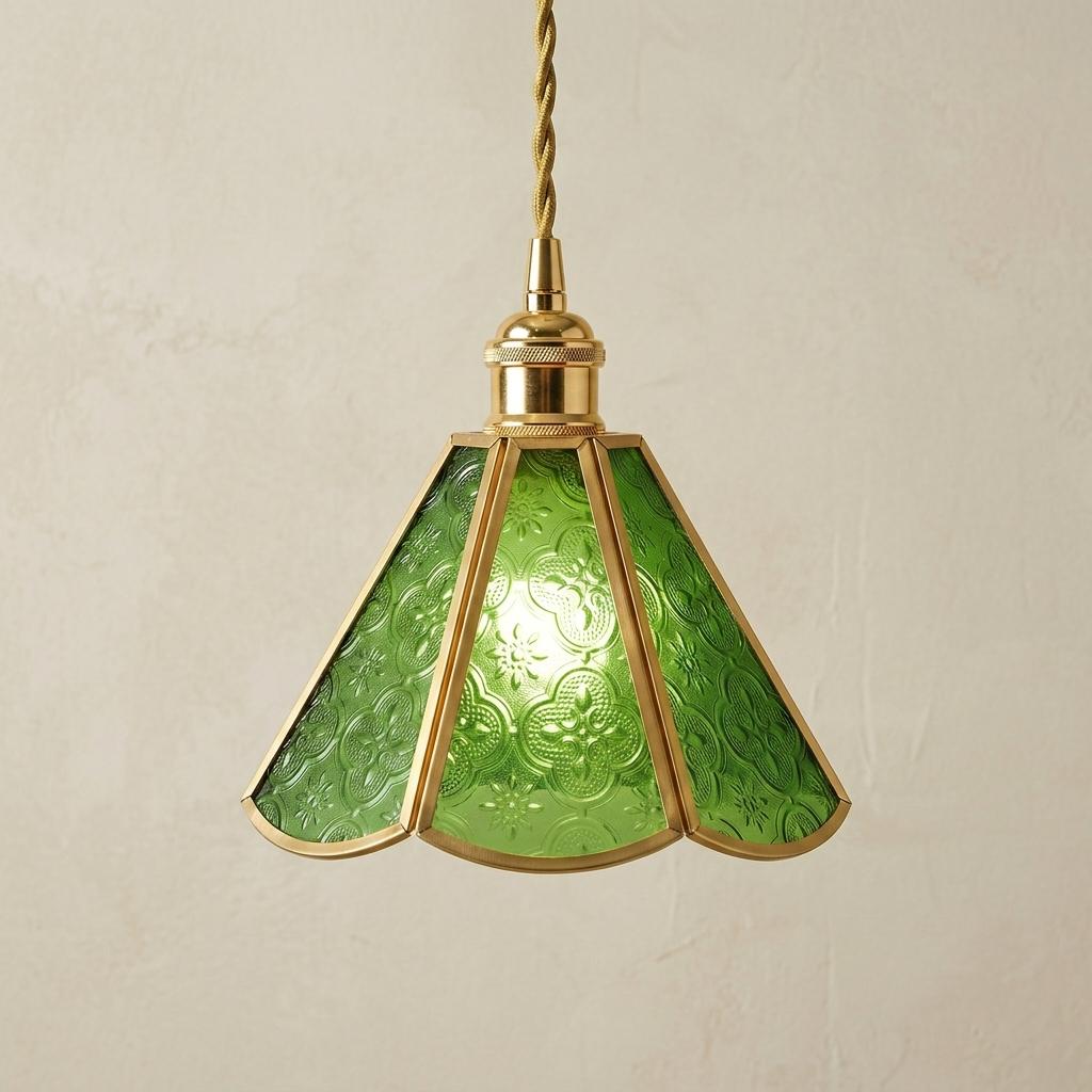 Green Stained Glass Pendant Light, Scalloped Floral Hanging Lamp, Tiffany Style Vintage Ceiling Light, Cottagecore Decor