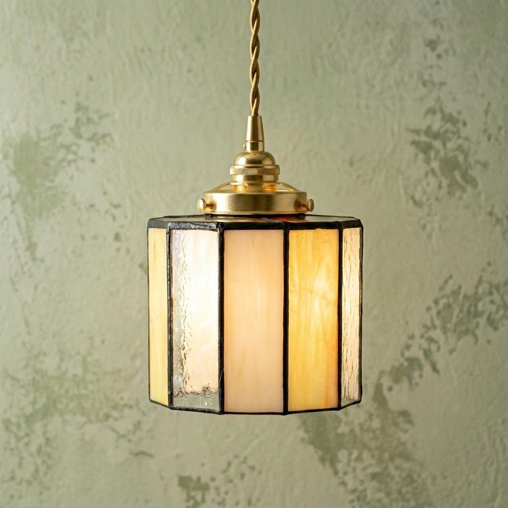 Cream Amber Stained Glass Pendant Light, Geometric Cylinder Hanging Lamp