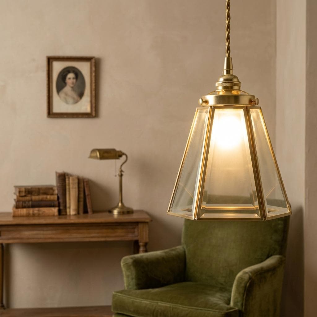 Clear Glass Geometric Pendant Light, Brass Tone Art Deco Hanging Lamp