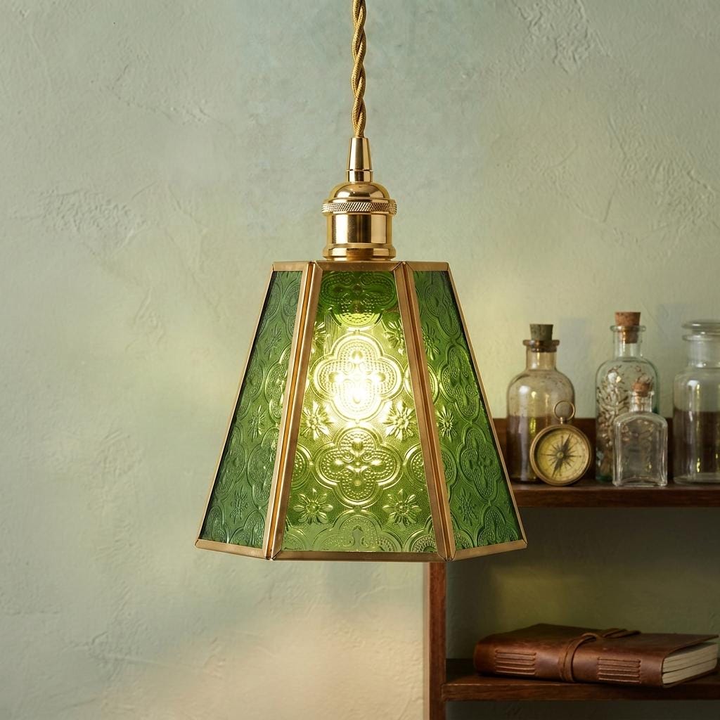 Handmade Green Embossed Glass Lamp Shade, Vintage Brass Art Nouveau Accent Light