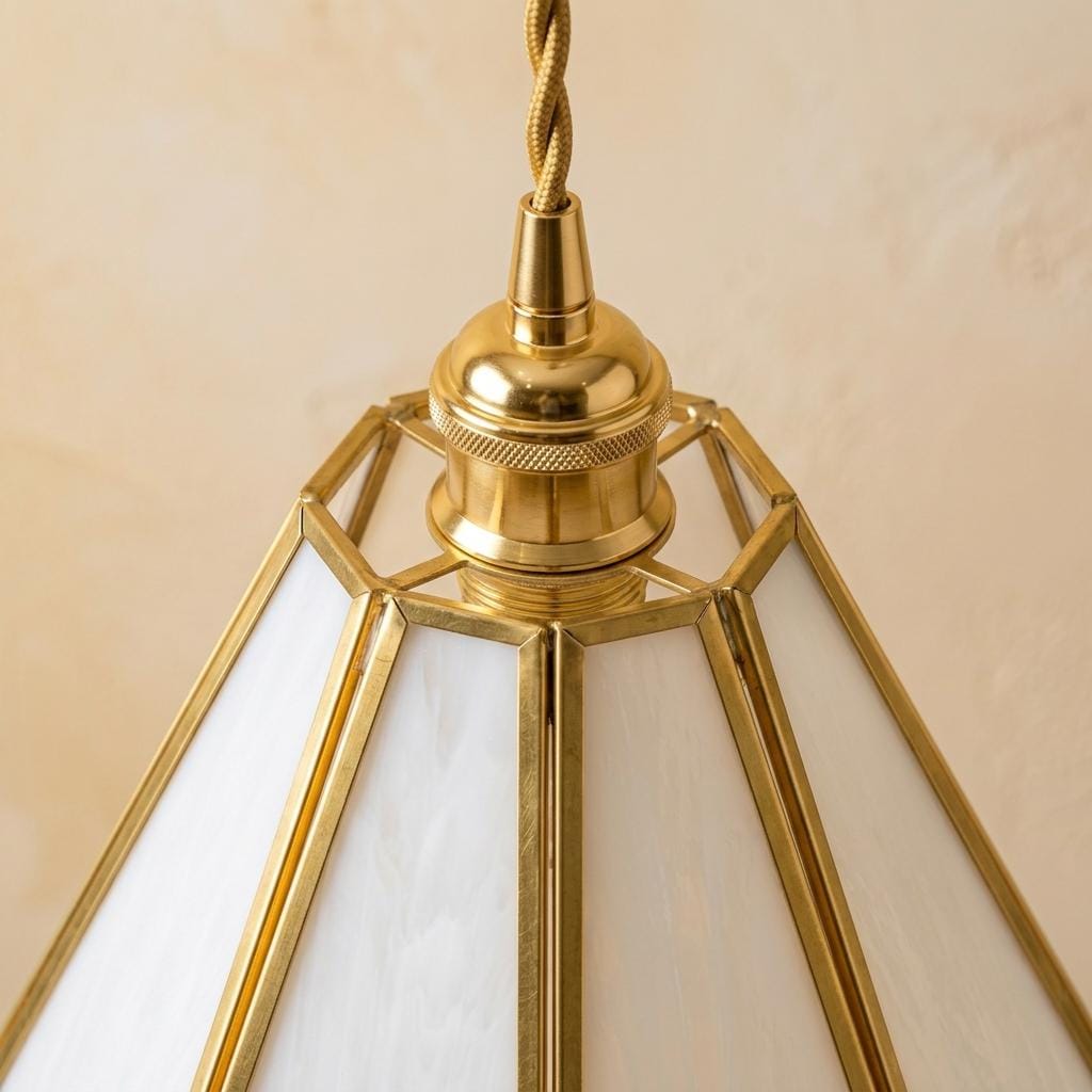 Stained Glass Pendant Light, Ivory White Scalloped Hanging Lamp, Tiffany Style Gold Ceiling Fixture, Cottagecore Kitchen Lighting