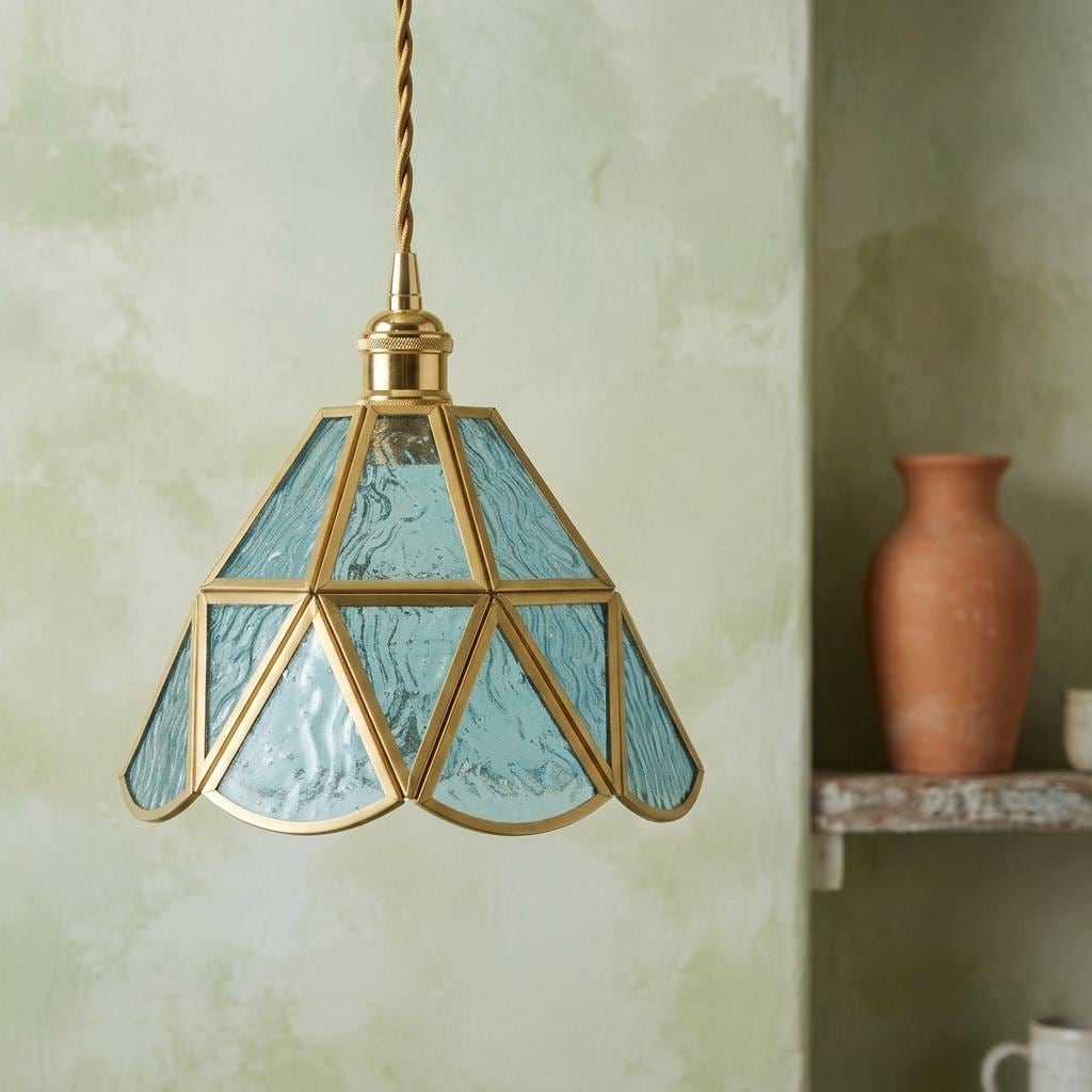 Aqua Blue Stained Glass Pendant Light, Geometric Hanging Lamp, Vintage Style Ceiling Fixture