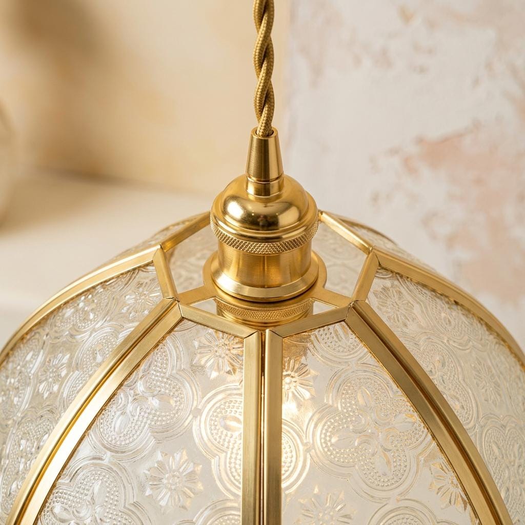 Textured Glass Pendant Light, Gold Floral Dome, Vintage Cottagecore Ceiling Fixture