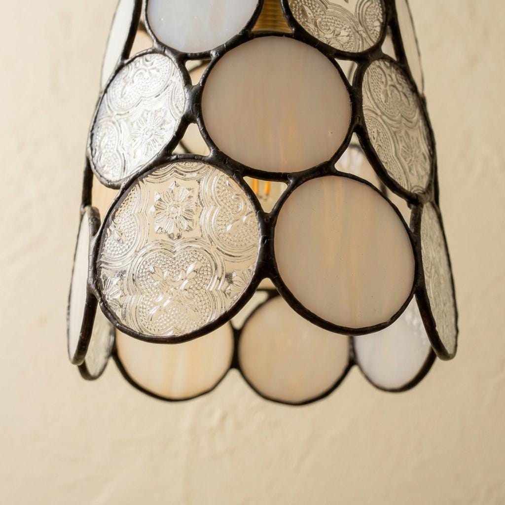 Cream Textured Stained Glass Pendant Light, Vintage Style Ceiling Lamp