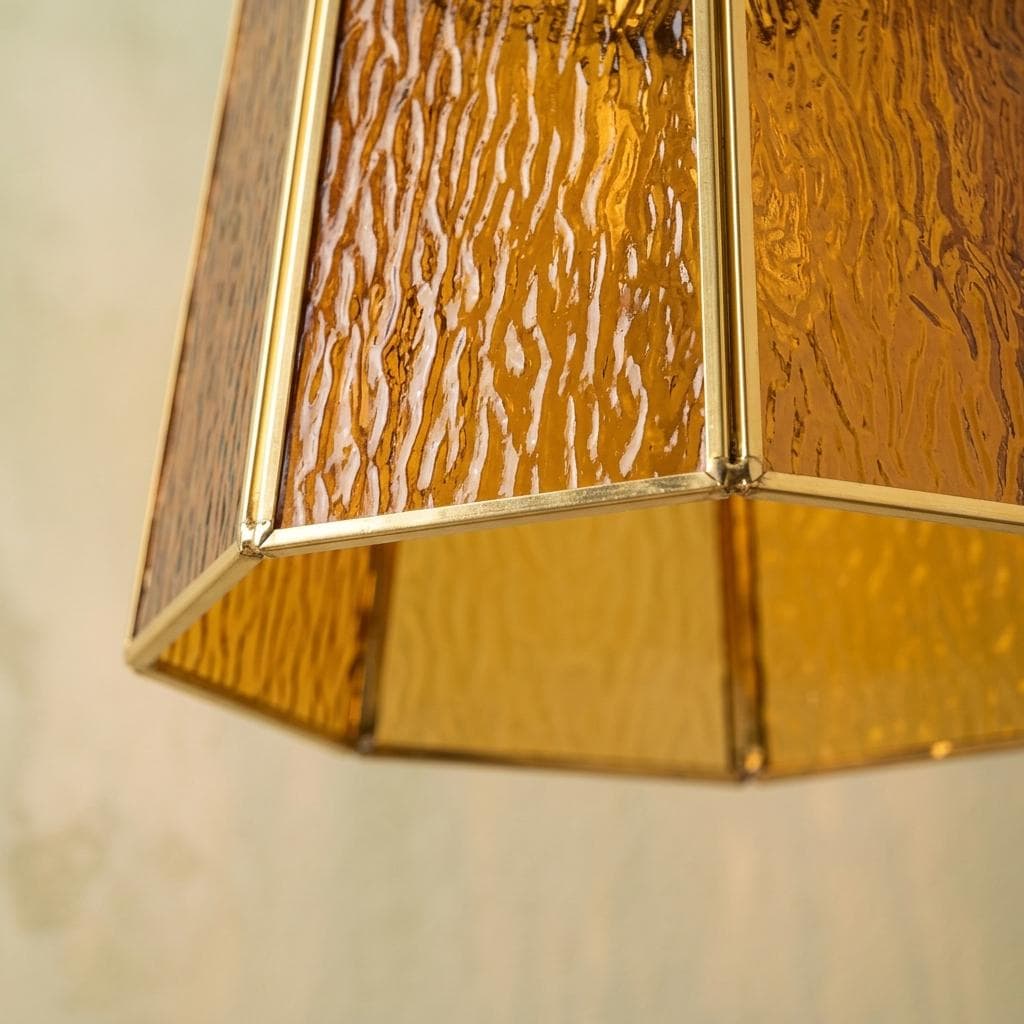 Amber Stained Glass Pendant Light, Small Geometric Tiffany Style Hanging Lamp, Vintage Honey Gold Ceiling Fixture