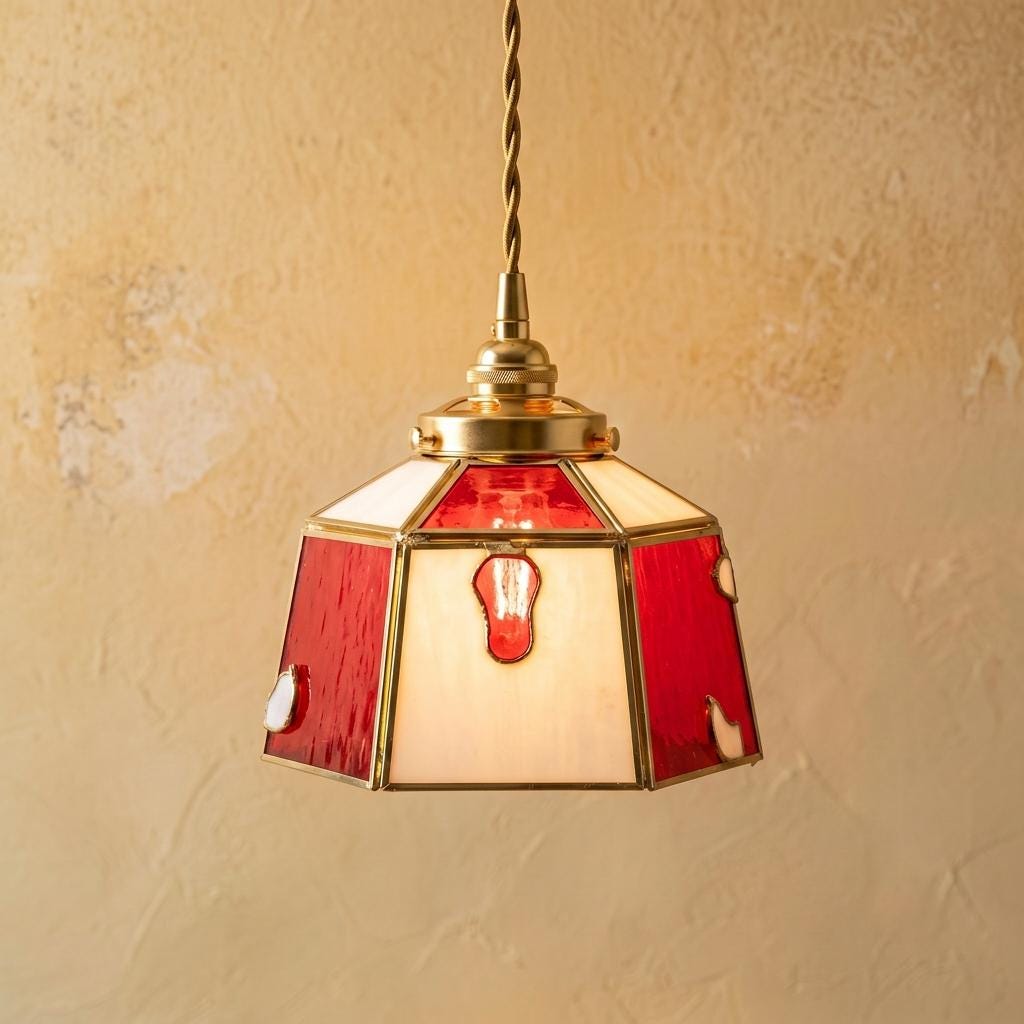 Red Stained Glass Pendant Light, Vintage Tiffany Style Hanging Lamp, Handmade Glass Ceiling Light for Kitchen Island, Boho Decor