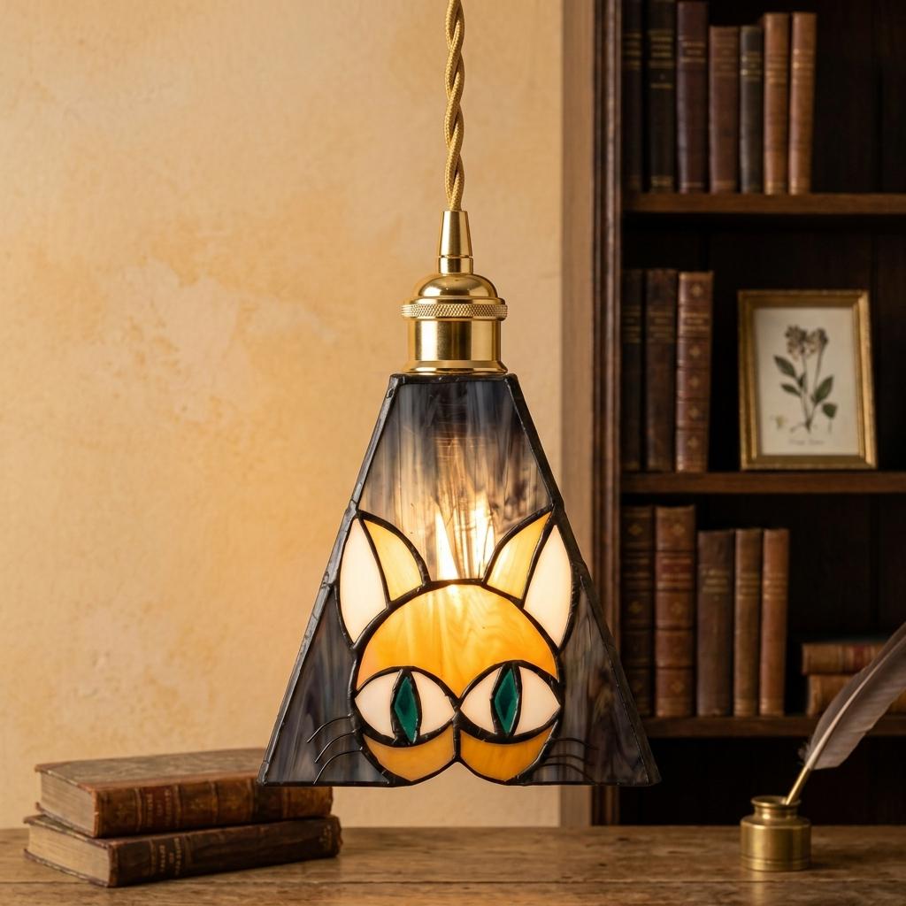 Stained Glass Cat Pendant Light, Whimsical Kitty Hanging Lamp, Tiffany Style Animal Ceiling Light, Cat Lover Gift