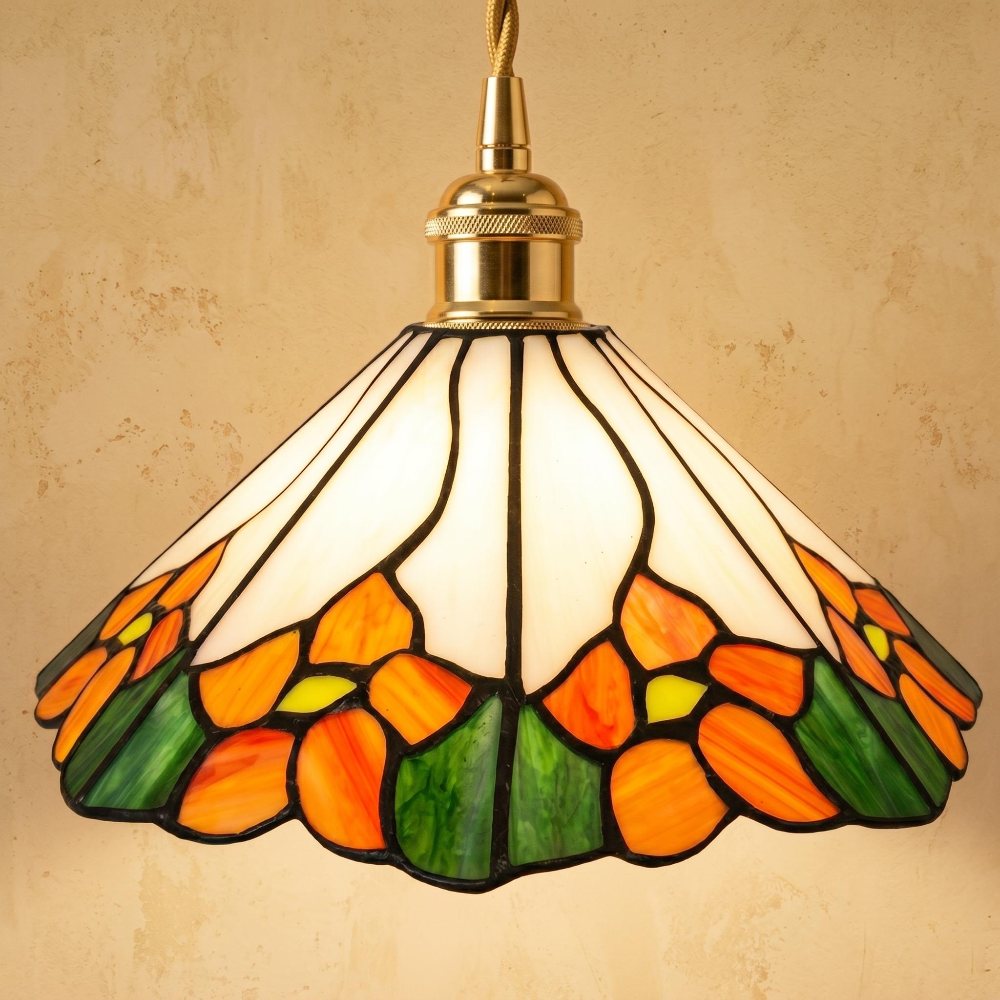 Tiffany Style Floral Pendant Light, Handmade Stained Glass Hanging Lamp, Orange Flower Cottagecore Ceiling Light