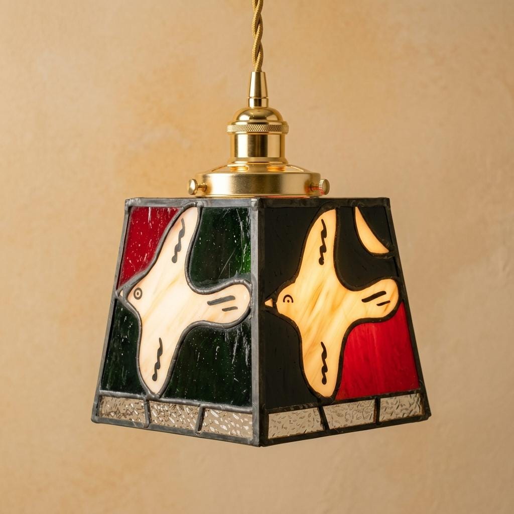 Dove Stained Glass Pendant Light, Red Green Tiffany Style Hanging Lamp, Small Bird Glass Ceiling Light, Vintage Christmas Decor