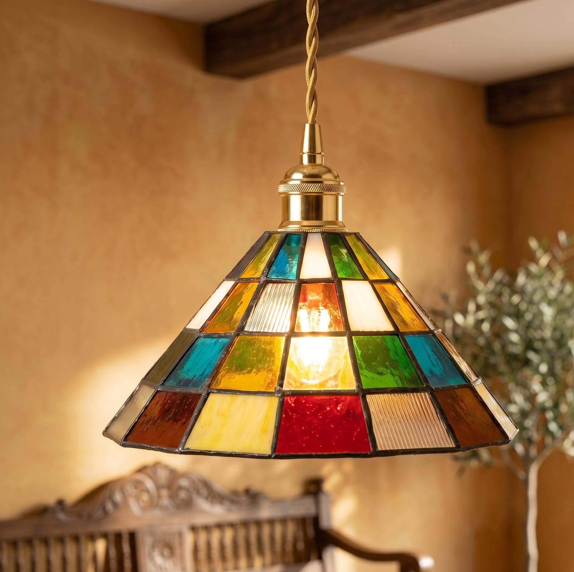 Handmade Stained Glass Pendant Light, Colorful Mosaic Tiffany Style Hanging Lamp, Geometric Glass Ceiling Light for Kitchen Island Decor