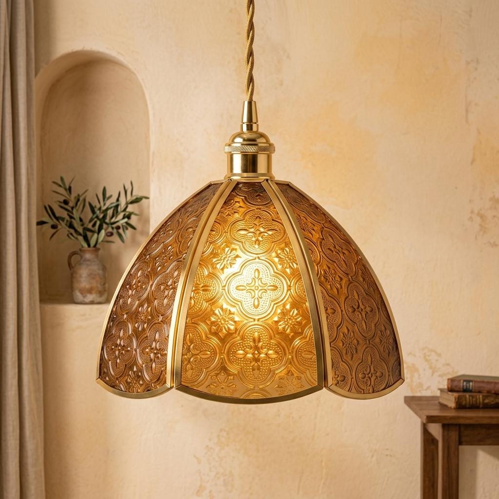 Amber Embossed Floral Glass Pendant Light, Vintage Golden Dome Hanging Lamp