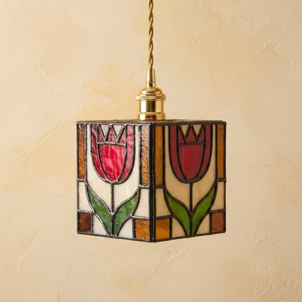 Stained Glass Pendant Light, Pink Tulip Flower Hanging Lamp, Tiffany Style Square Ceiling Light, Cottagecore Floral Decor