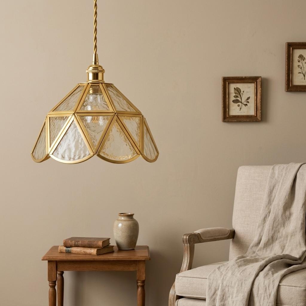 Textured Glass Pendant Light, Geometric Copper Tone Hanging Lamp, Scalloped Vintage Style