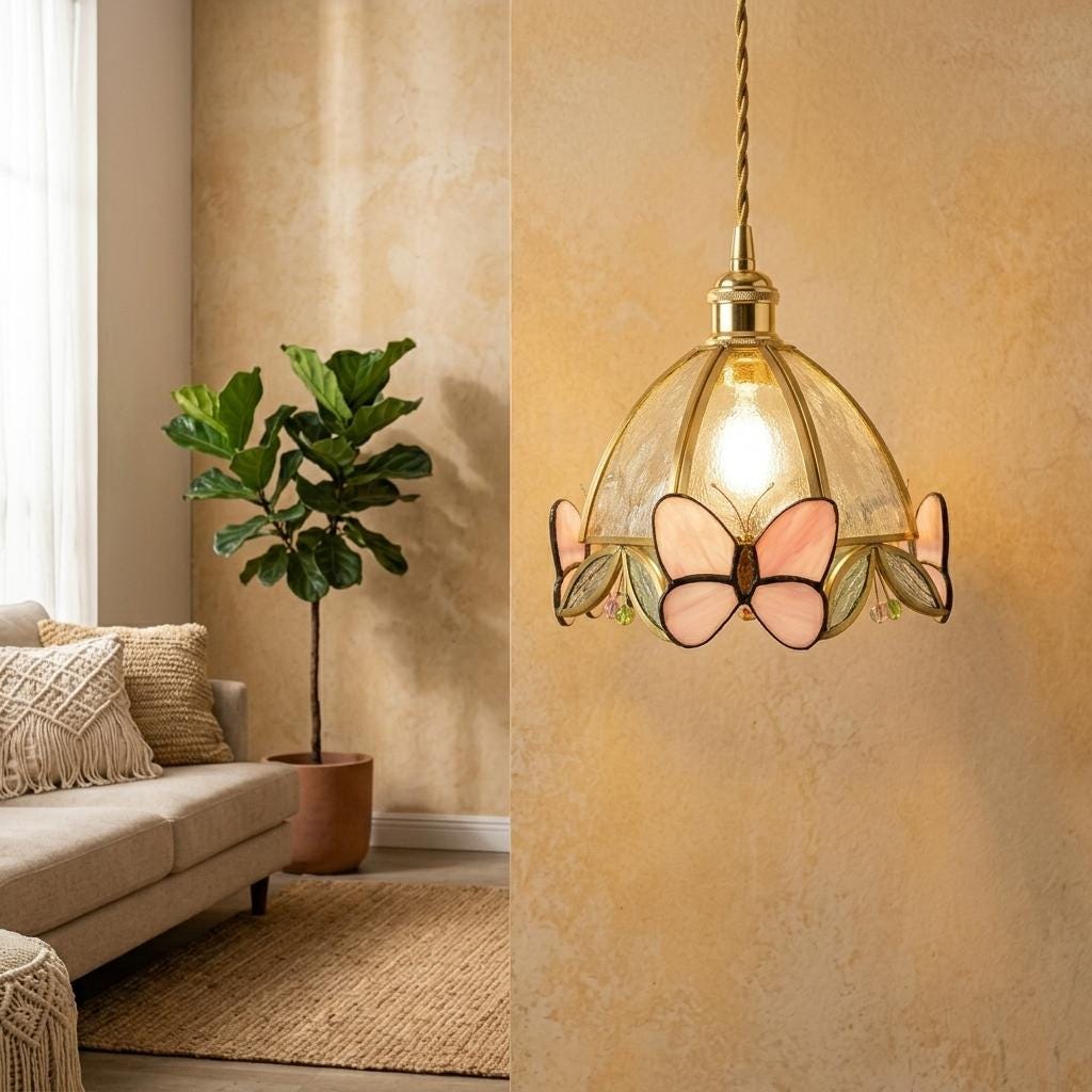 Pink Butterfly Stained Glass Pendant Light, Handmade Tiffany Style Hanging Lamp, Cottagecore Floral Glass Light, Butterfly Ceiling Lamp