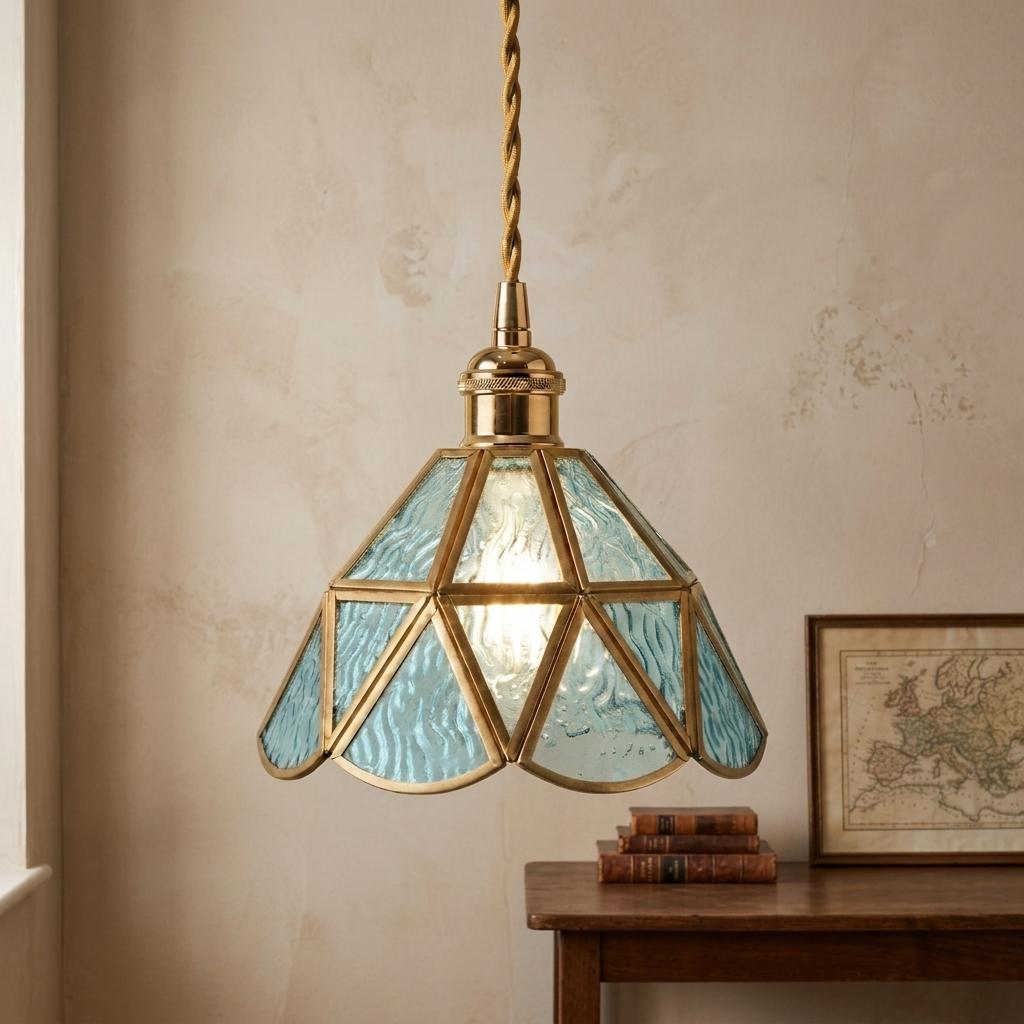 Aqua Blue Stained Glass Pendant Light, Geometric Hanging Lamp, Vintage Style Ceiling Fixture
