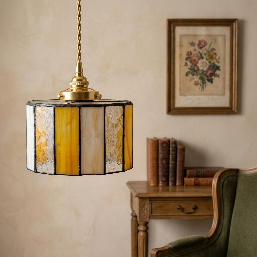 Amber Cream Stained Glass Pendant Light, Geometric Drum Hanging Lamp, Mid Century Decor