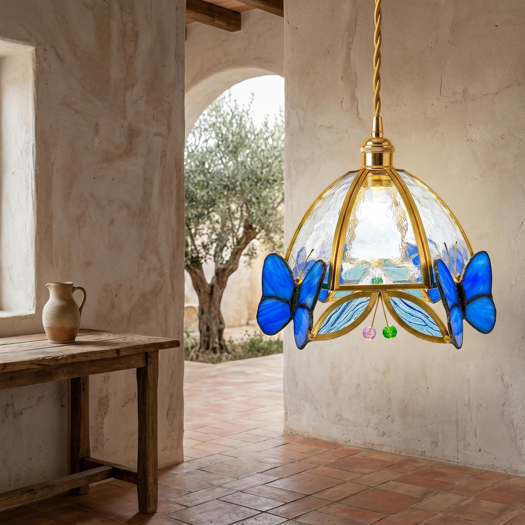 Handmade Butterfly Pendant Light, Stained Glass Hanging Lamp, Blue Butterfly Ceiling Light, Tiffany Style Art Glass Lamp