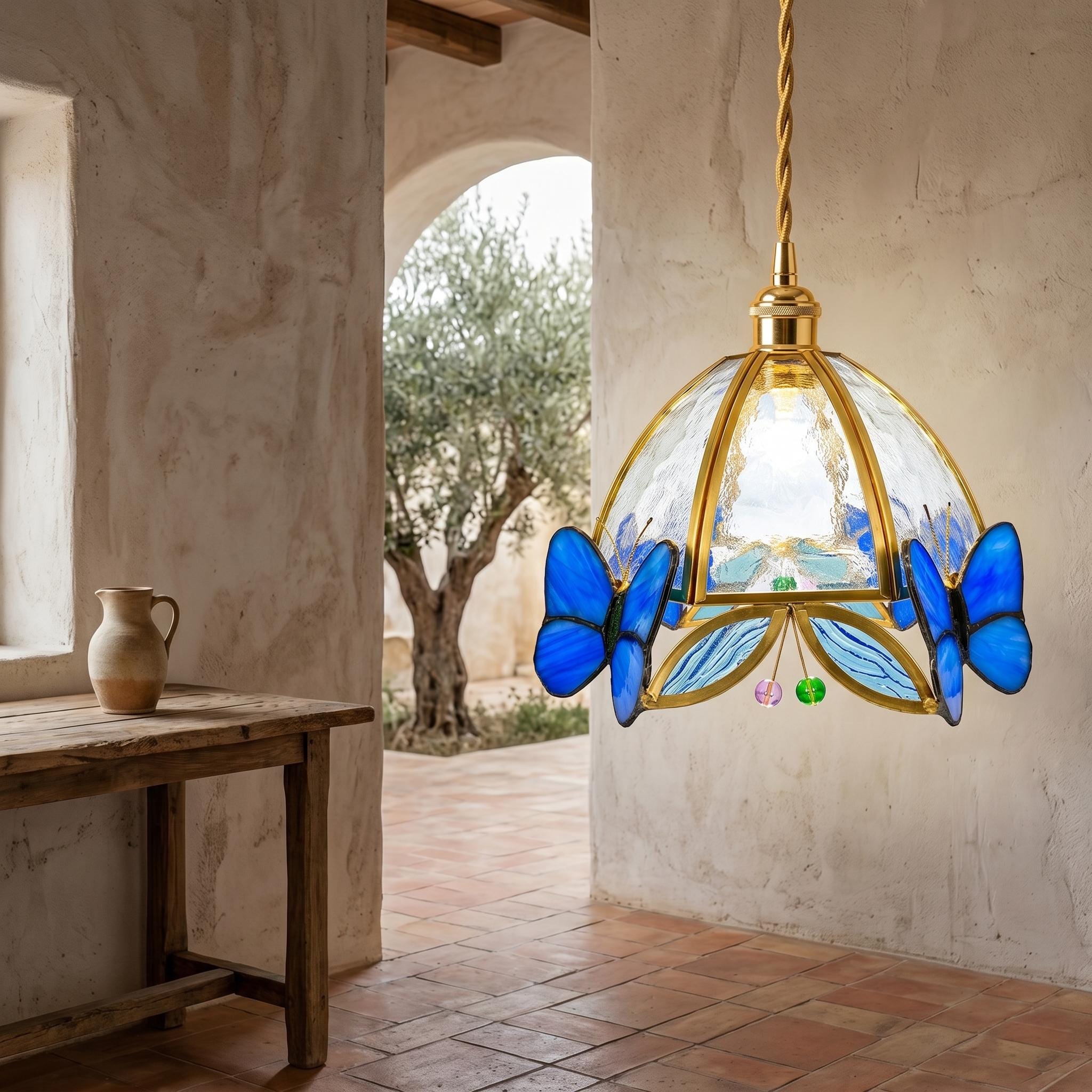Handmade Butterfly Pendant Light, Stained Glass Hanging Lamp, Blue Butterfly Ceiling Light, Tiffany Style Art Glass Lamp