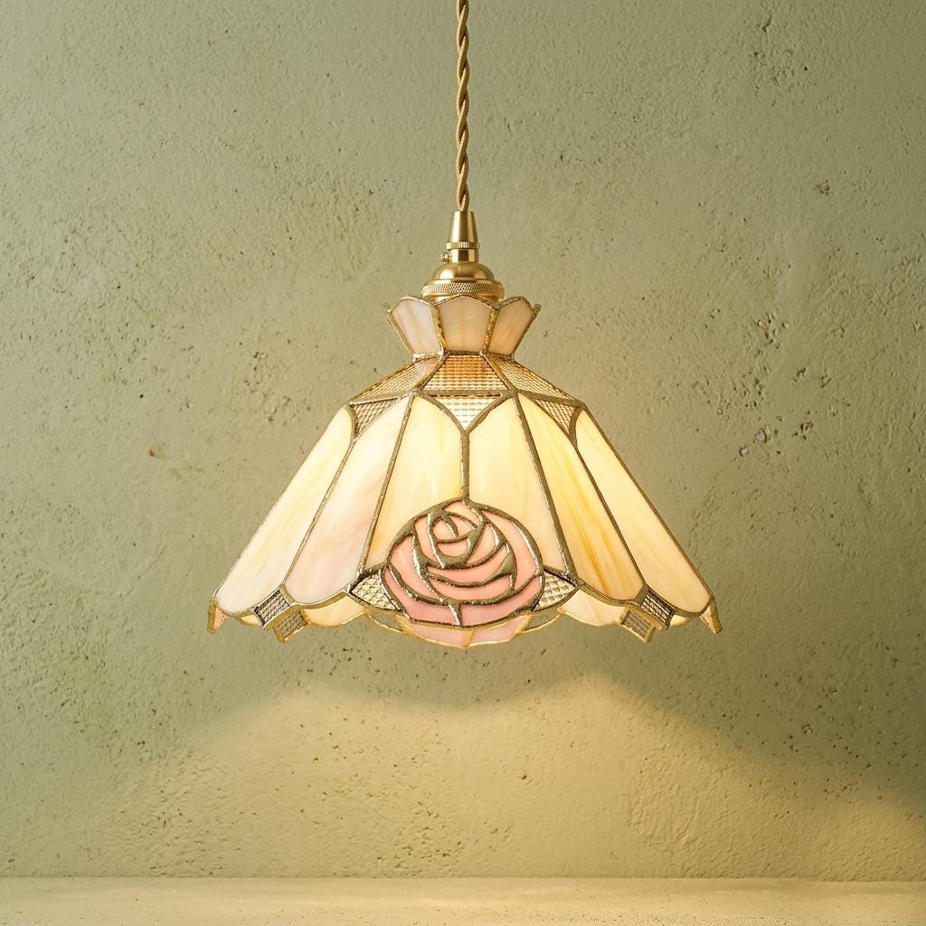 Handmade Rose Stained Glass Pendant Light, Vintage Tiffany Style Floral Hanging Lamp, Cream Pink Glass Lampshade for Cottagecore Home Decor