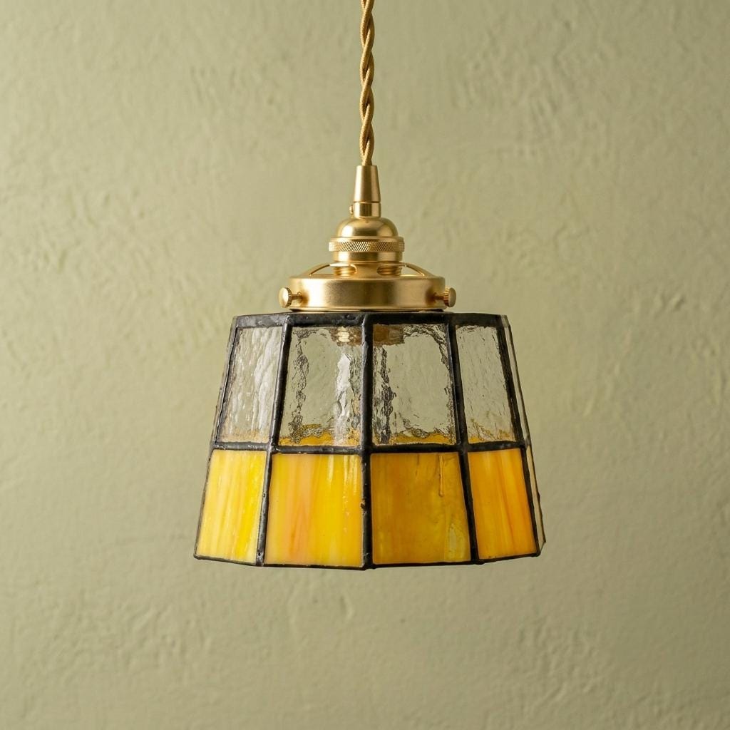 Stained Glass Pendant Light, Amber Yellow and Clear Mini Hanging Lamp, Tiffany Style Geometric Glass Ceiling Light