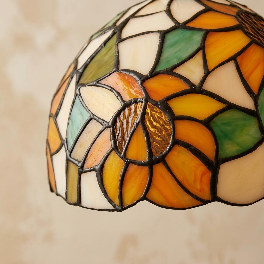 Sunflower Stained Glass Pendant Light, Tiffany Style Floral Hanging Lamp, Orange Green Dome Ceiling Light, Cottagecore Decor