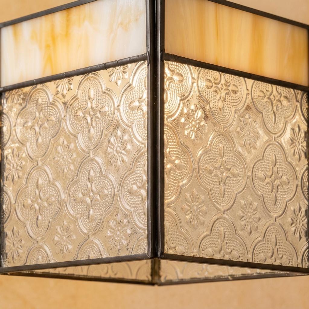 Square Amber Stained Glass Pendant Light, Vintage Decorative Hanging Lamp