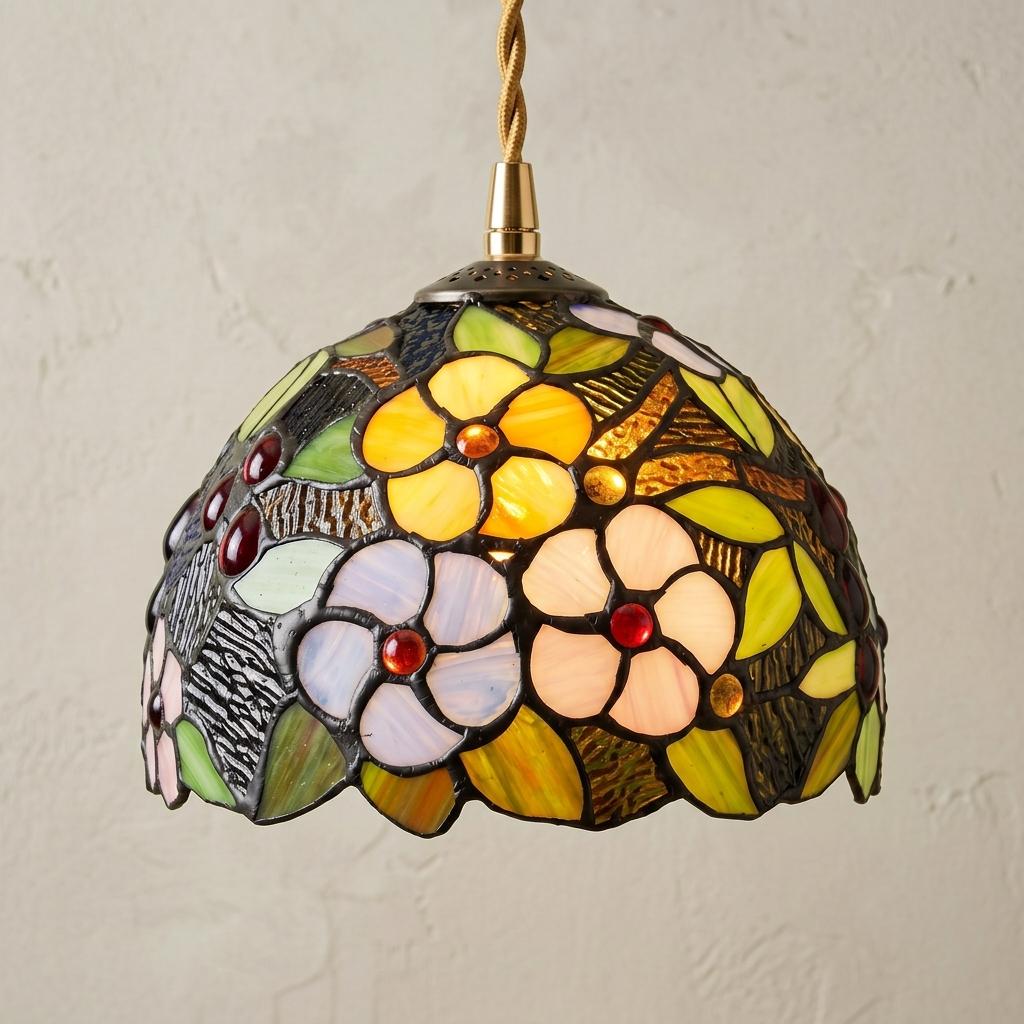 Stained Glass Pendant Light, Colorful Floral Butterfly Dome Hanging Lamp, Tiffany Style Botanical Ceiling Fixture, Cottagecore Lighting