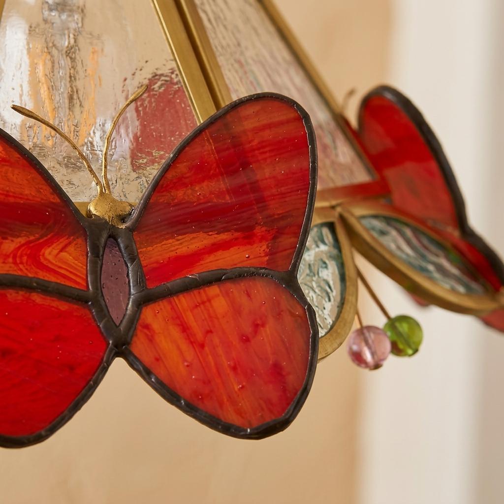 Stained Glass Butterfly Pendant Light, Red Orange Tiffany Style Hanging Lamp Shade, Handmade Cottagecore Ceiling Light, Art Glass Decor