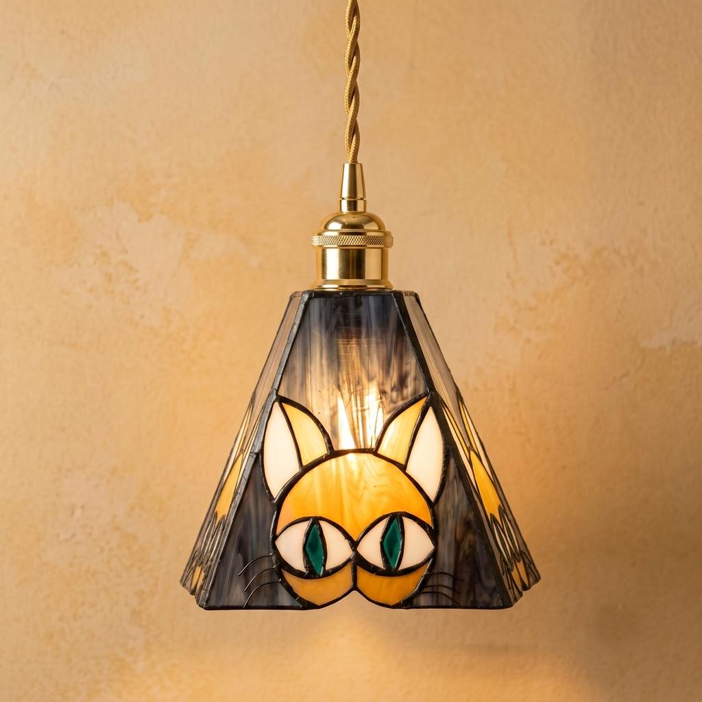 Stained Glass Cat Pendant Light, Whimsical Kitty Hanging Lamp, Tiffany Style Animal Ceiling Light, Cat Lover Gift