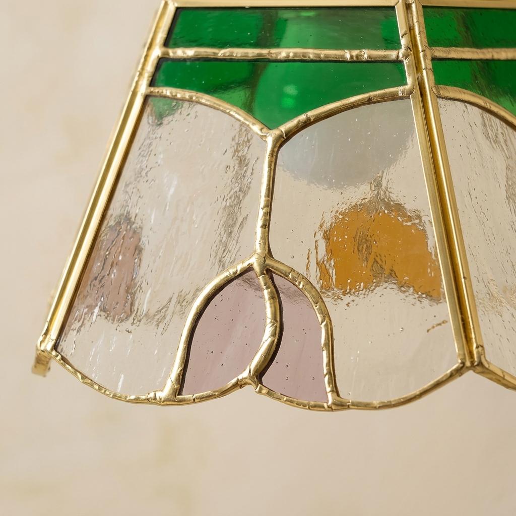 Stained Glass Pendant Light Shade, Green Amber Floral Art Glass Hanging Lamp