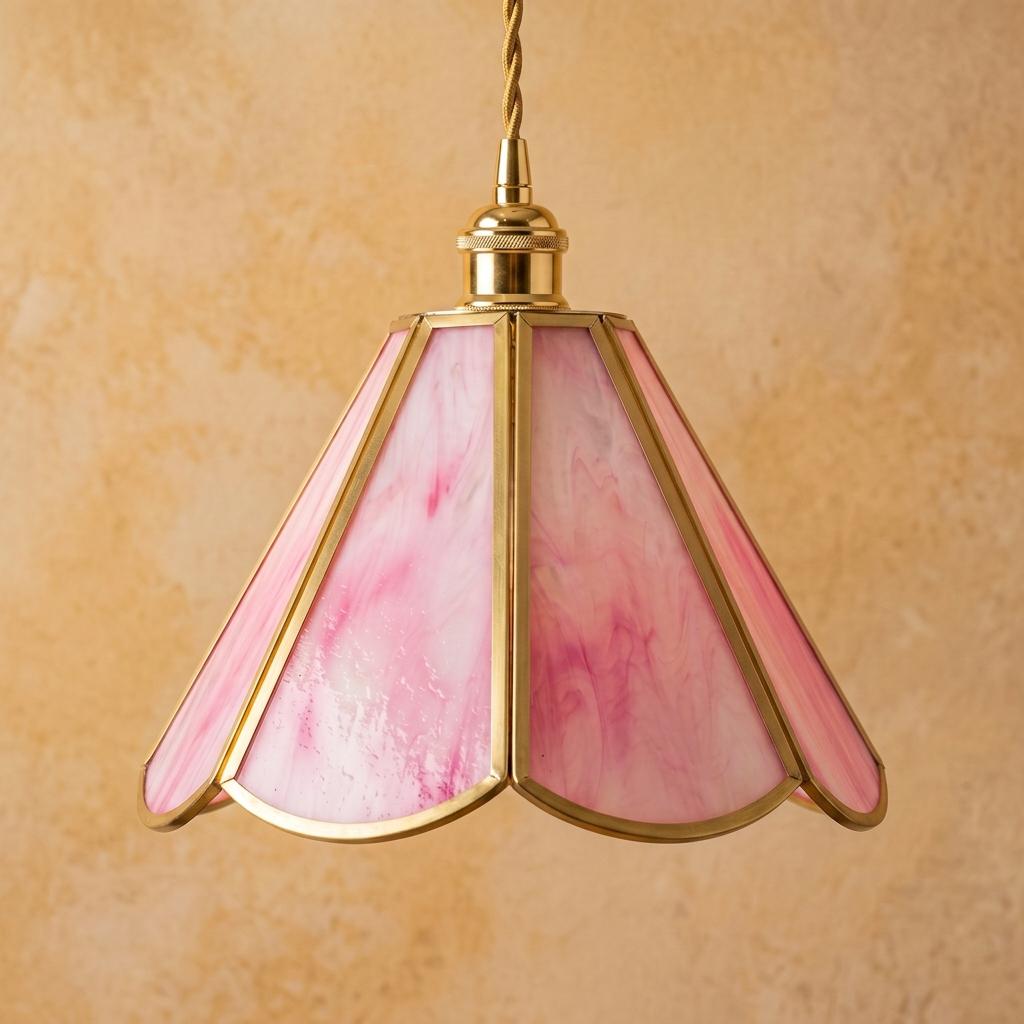 Pink Stained Glass Pendant Light, Scalloped Flower Petal Hanging Lamp, Tiffany Style Cottagecore Ceiling Fixture