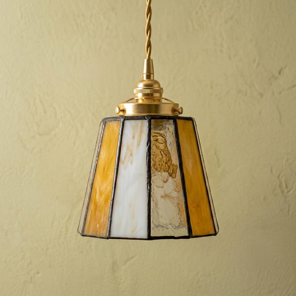 Small Amber Cream Stained Glass Pendant Light, Vintage Faceted Hanging Lamp