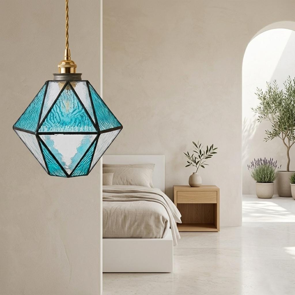 Handmade Geometric Stained Glass Pendant Light, Aqua Blue Textured Glass Hanging Lamp