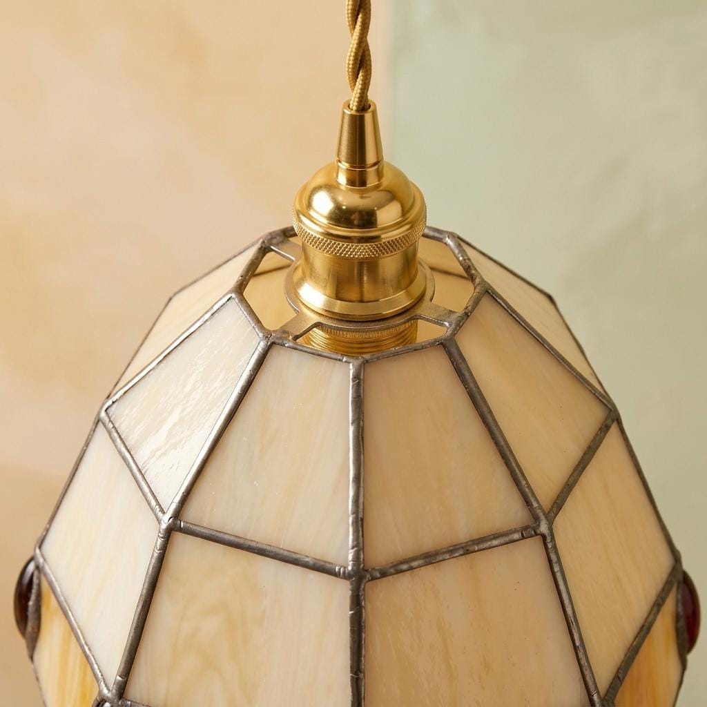 Stained Glass Pendant Light, Cream and Amber Scalloped Mini Hanging Lamp, Tiffany Style Jewel Accent Ceiling Light