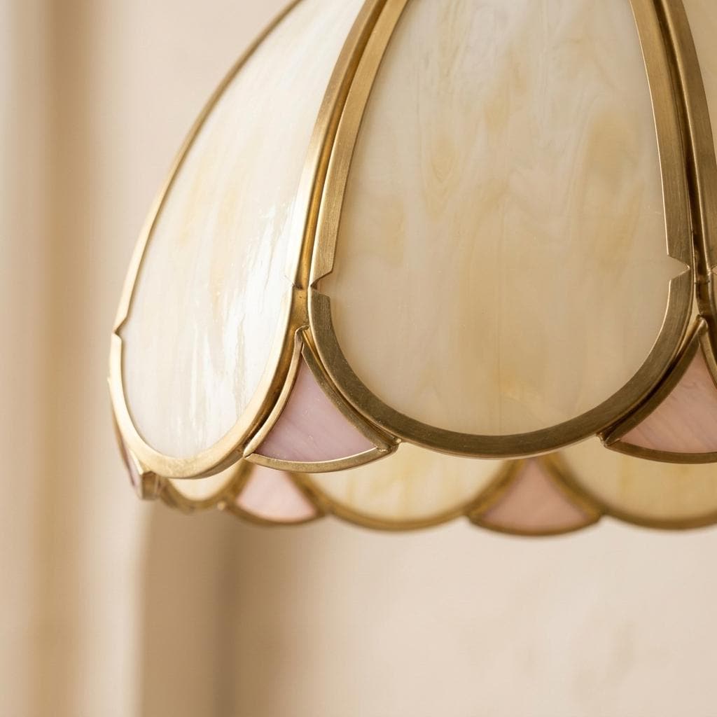 Cream Scalloped Stained Glass Pendant Light, Vintage Cottagecore Ceiling Fixture