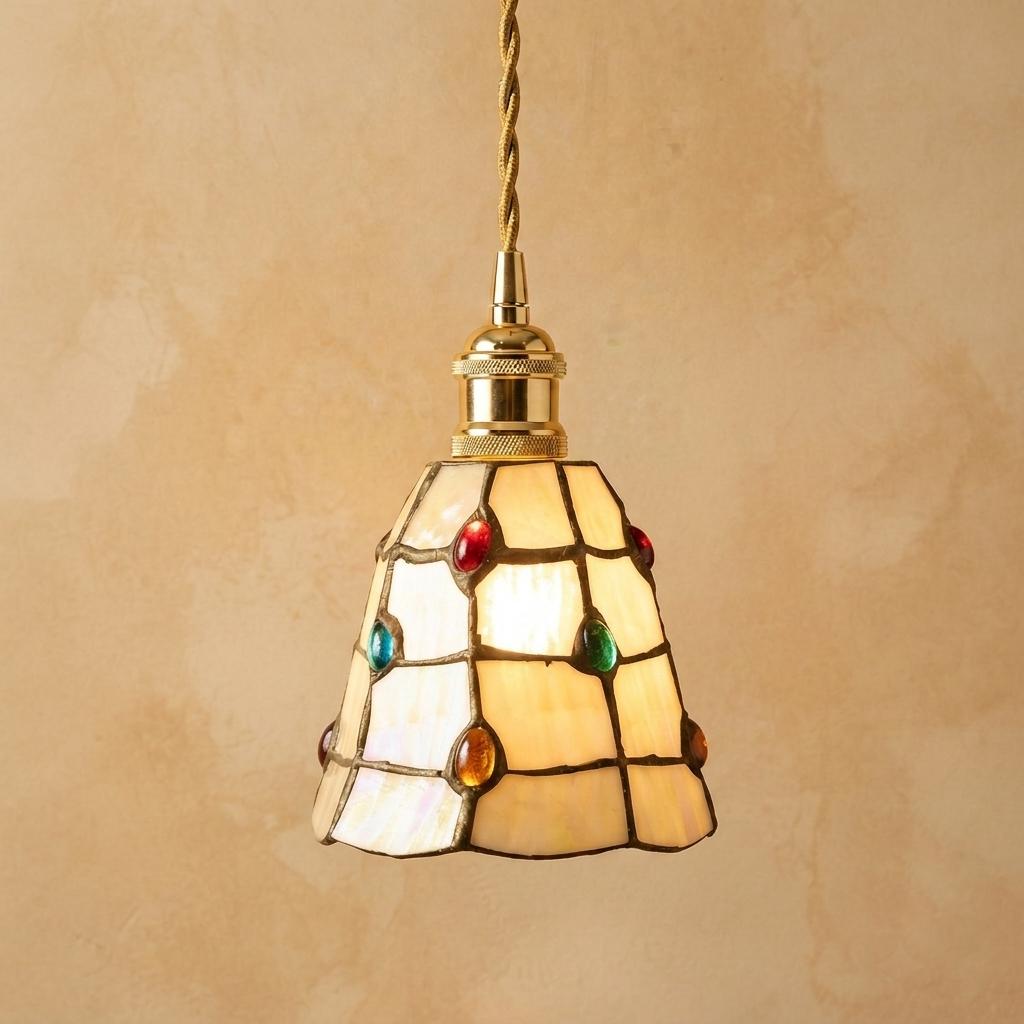 Stained Glass Pendant Light, Ivory Jewel Tone Hanging Lamp, Small Tiffany Style Ceiling Light, Boho Entryway Lighting