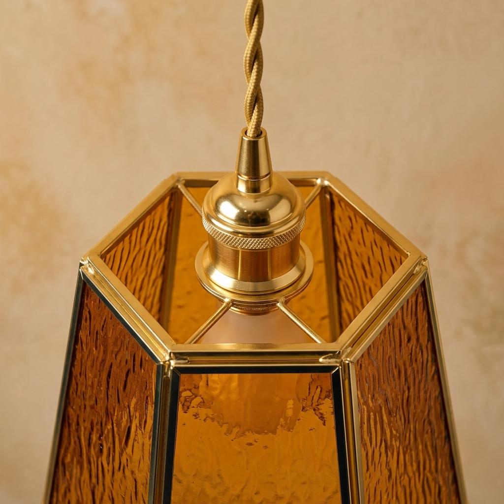 Amber Stained Glass Pendant Light, Small Geometric Tiffany Style Hanging Lamp, Vintage Honey Gold Ceiling Fixture