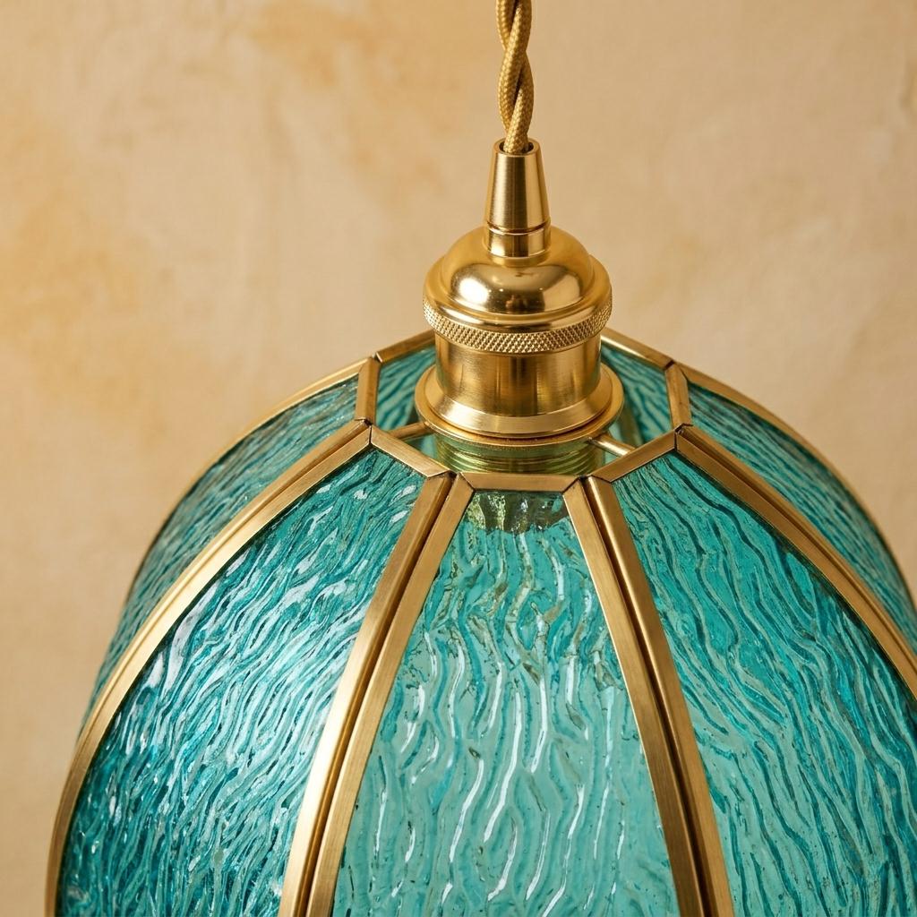 Aqua Blue Textured Glass Dome Pendant Light, Vintage Coastal Brass Fixture