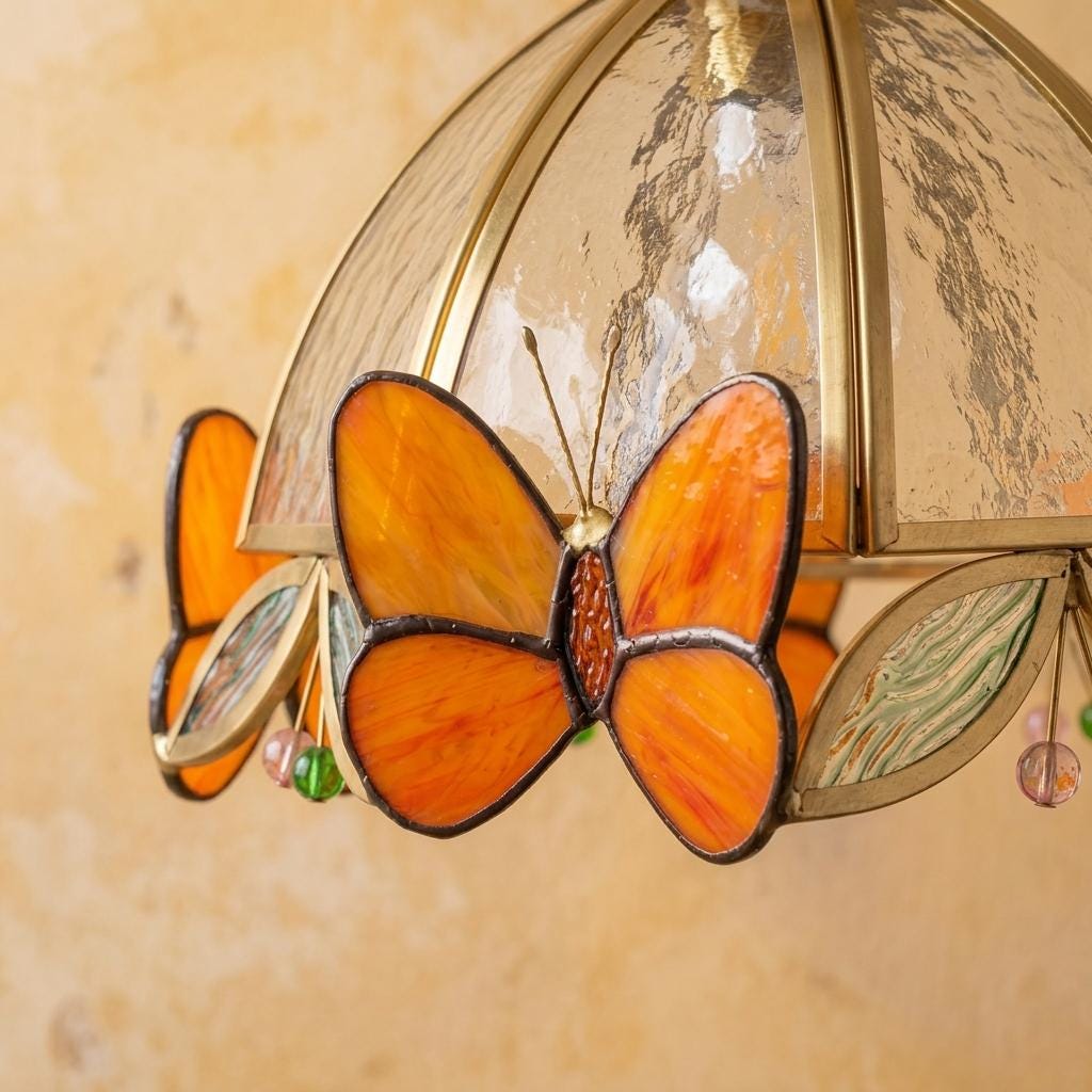 Orange Butterfly Stained Glass Pendant Light, Handmade Tiffany Style Lampshade, Cottagecore Ceiling Lamp, Floral Glass Shade