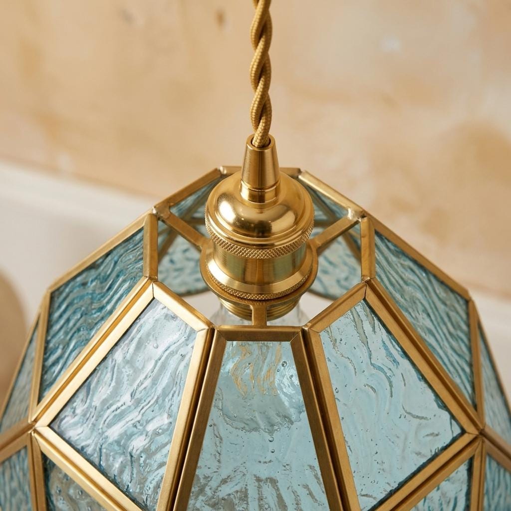 Aqua Blue Stained Glass Pendant Light, Geometric Hanging Lamp, Vintage Style Ceiling Fixture