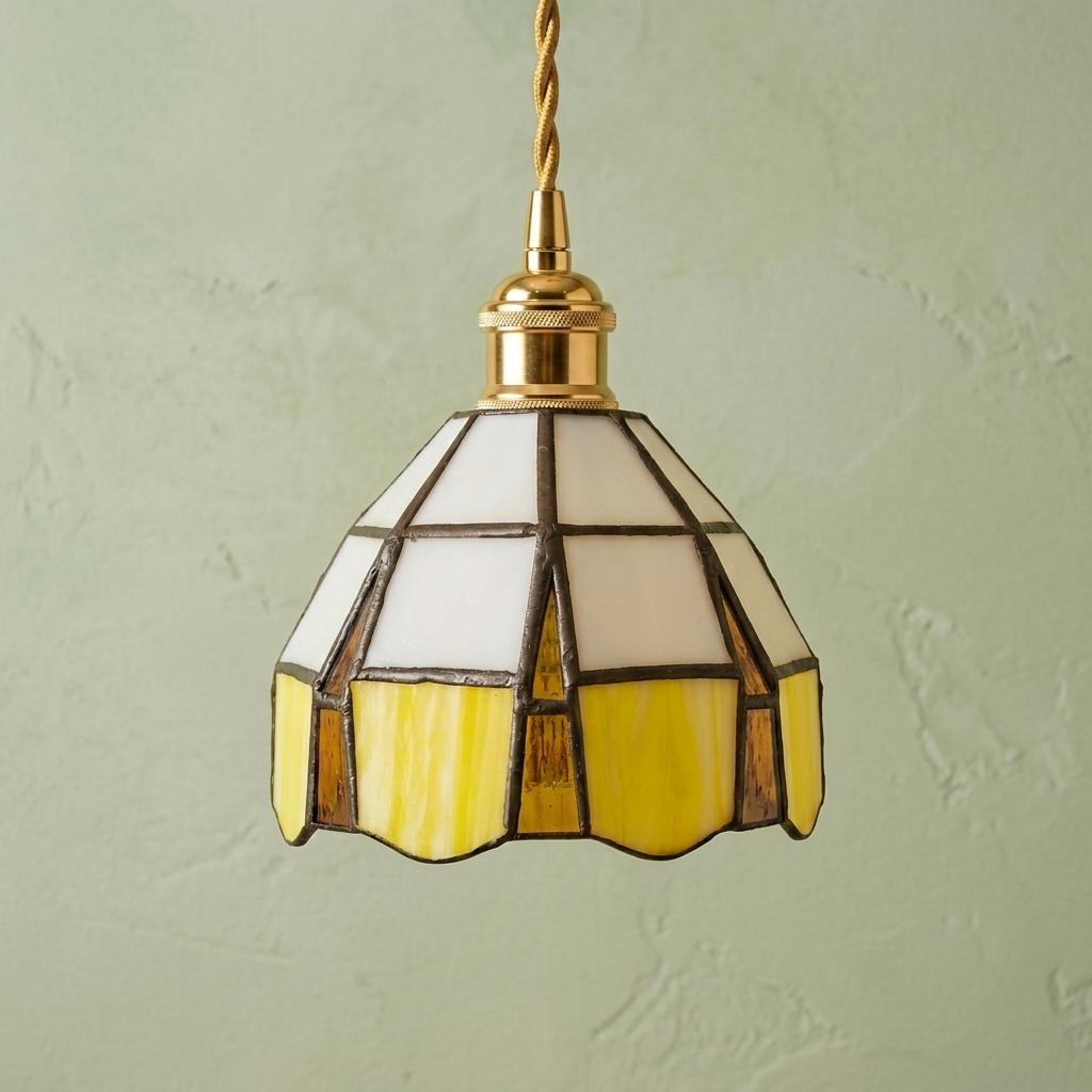 Yellow Stained Glass Pendant Light, Small Tiffany Style Hanging Lamp, White Scalloped Glass Ceiling Light, Vintage Cottage Decor