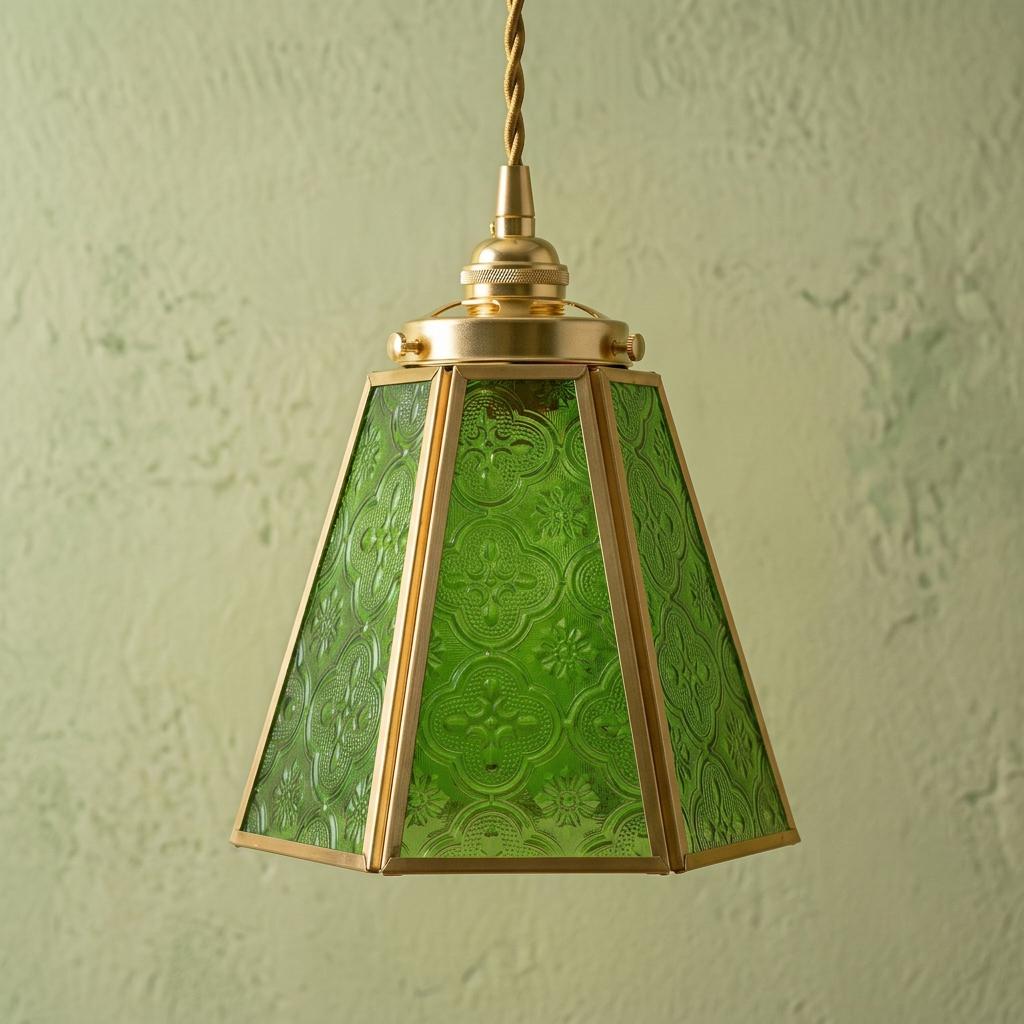 Green Embossed Glass Pendant Light, Vintage Floral Hanging Lamp, Entryway Fixture