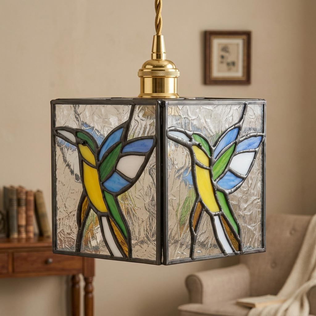Hummingbird Stained Glass Pendant Light, Colorful Square Hanging Lamp, Tiffany Style Bird Ceiling Light, Boho Accent Lighting