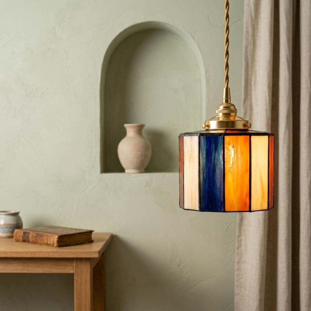 Stained Glass Pendant Light, Blue Orange Ivory Small Drum Lamp, Boho Ceiling Light