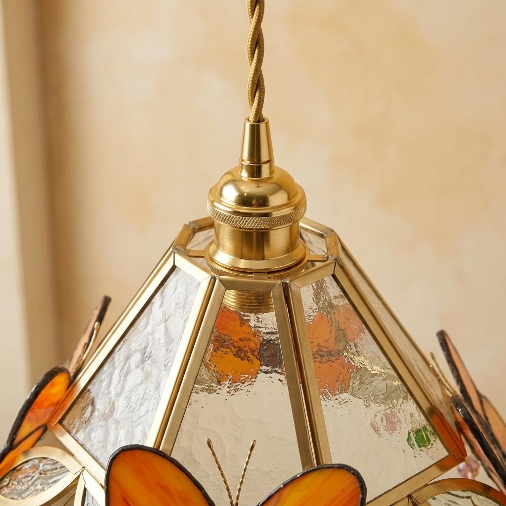 Orange Butterfly Stained Glass Pendant Light, Handmade Tiffany Style Hanging Lamp Shade, Vintage Cottagecore Kitchen Decor