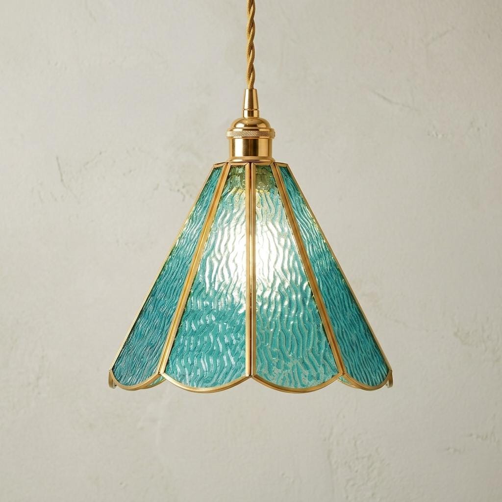 Turquoise Stained Glass Pendant Light, Scalloped Petal Shade, Vintage Cottagecore Decor