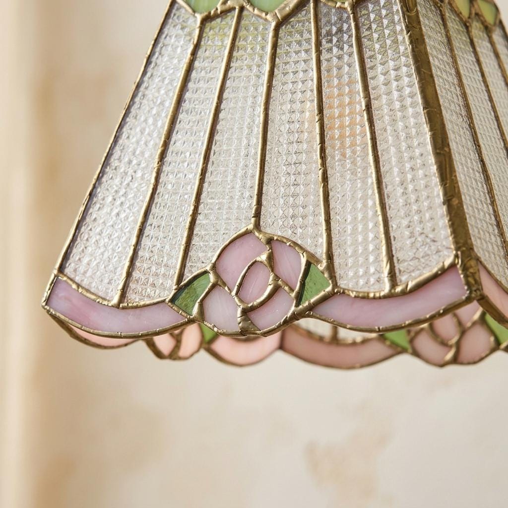 Stained Glass Pendant Light, Pink Rose Hanging Lamp, Clear Textured Glass, Tiffany Style Floral Ceiling Light, Cottagecore Decor