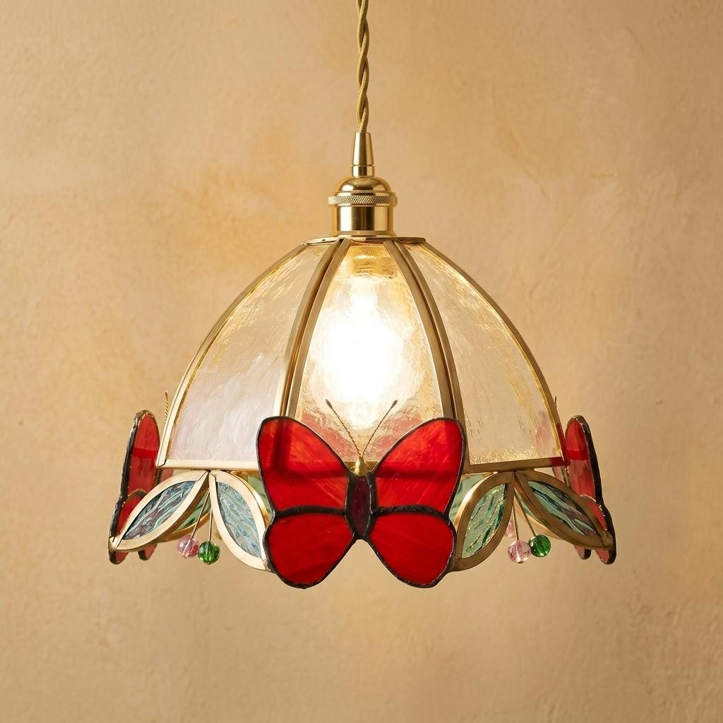 Red Butterfly Stained Glass Pendant Light, Tiffany Style Hanging Lamp, Handmade Cottagecore Lamp, Whimsical Kitchen Island Decor