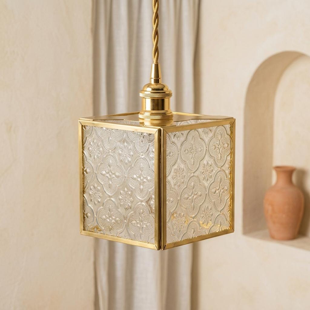 Square Embossed Glass Pendant Light, Brass Tone Cube Hanging Lamp