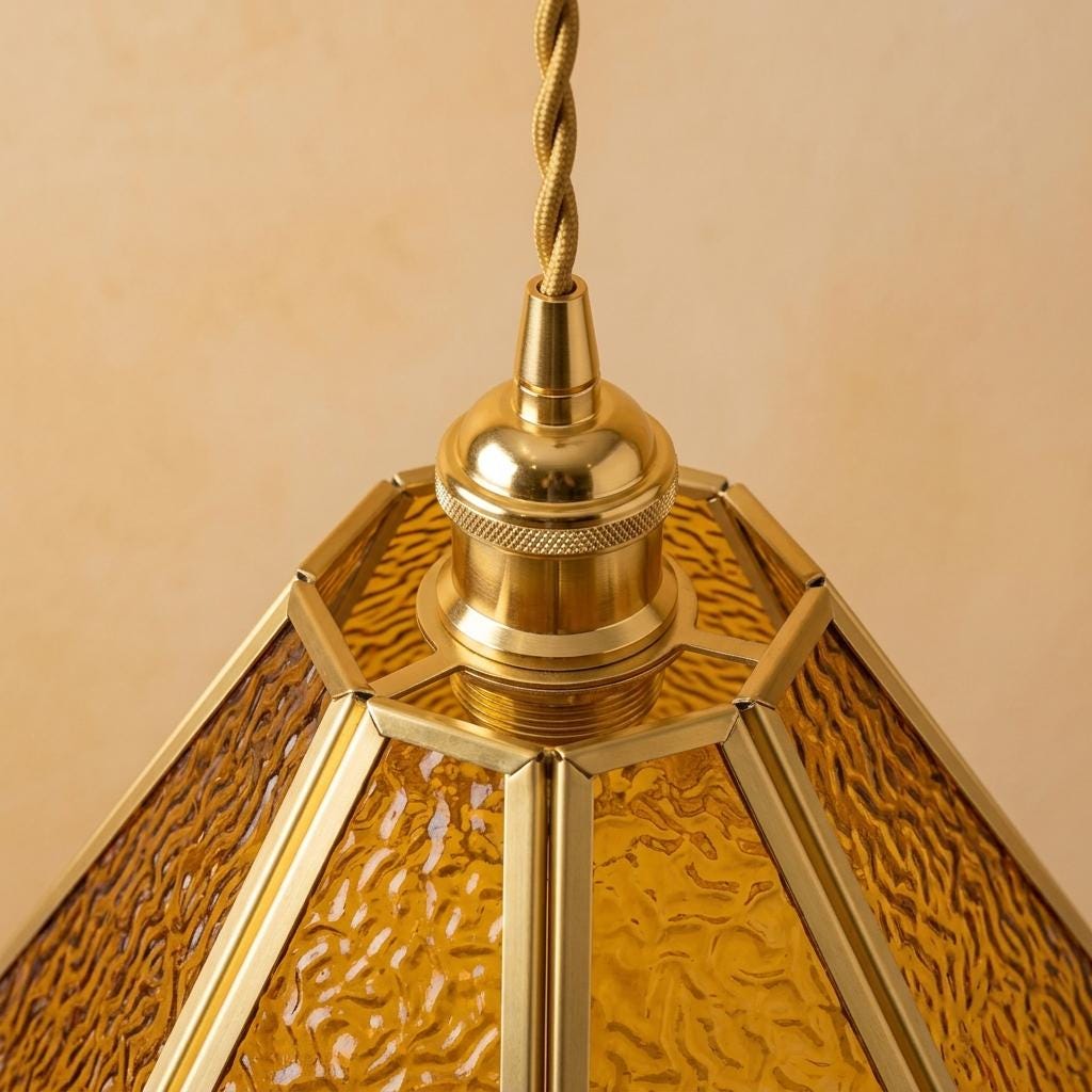 Amber Scalloped Glass Pendant Light, Vintage Honey Gold Ceiling Fixture